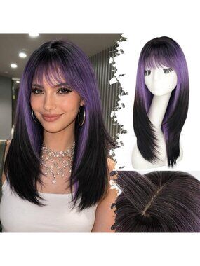 Women's Ombre Purple Black Synthetic Realistic Scalp Straight Face Layers Wigs